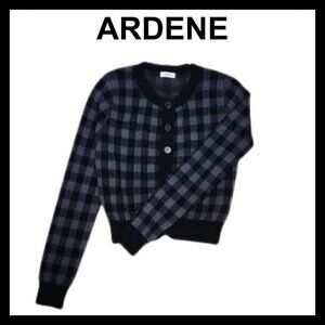 ARDENE Black gray plaid gingham round neck knit cropped cardigan
